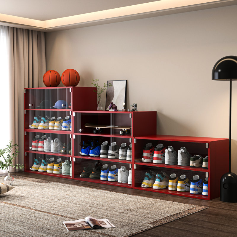 Armoire de rangement à chaussures lumineuse à DEL - en bois, avec portes en verre de 1/4 po, pouvant accueillir 6 espadrilles, empilables, lumières alimentées, 1 à 2 tiroirs, style américain éclairé pour les espadrilles, couleurs vives