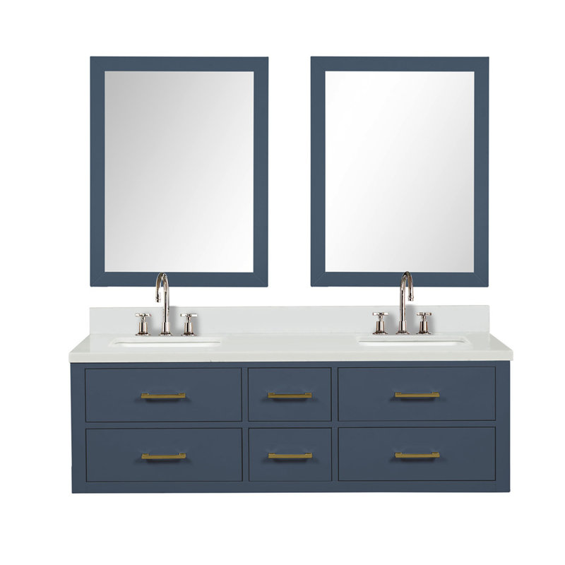 Meuble-lavabo double 60 po bleu X P 22 po D, plateau en marbre de culture, ensemble de robinet et Miroirs, Bleu / blanc
