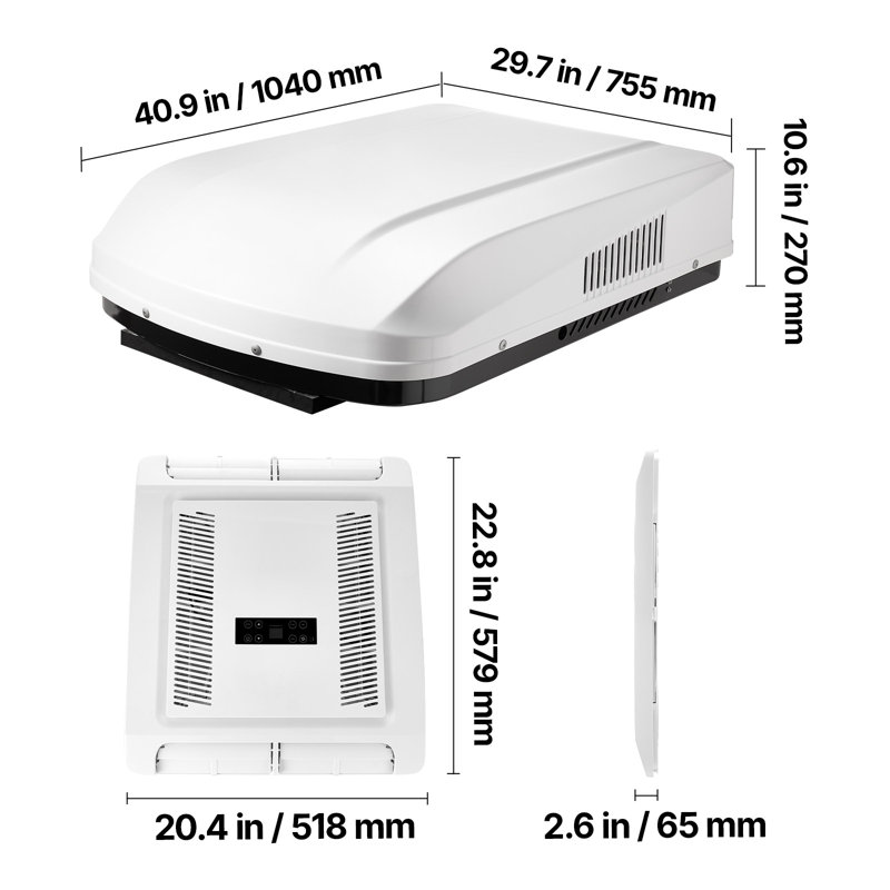 Climatiseur de véhicule récréatif, climatiseur de véhicule récréatif de 15 000 BTU, climatiseur de toit sans conduit 120 V avec pompe à chaleur et refroidissement, climatiseur à vitesse variable facile à installer avec bouton ADB et télécommande, blanc