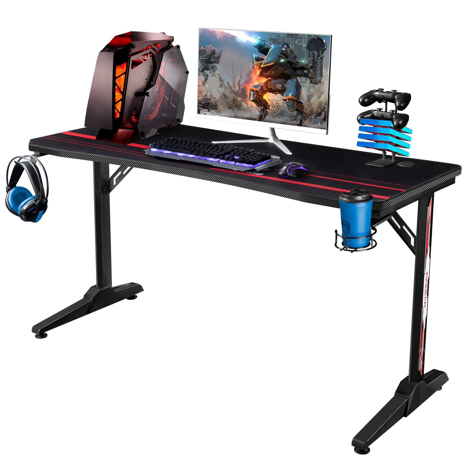 Furmax T Shaped Gaming Computer Desk with Cup Holder& Headphone