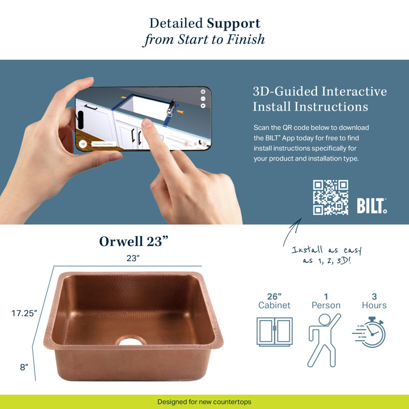 Évier de cuisine à cuve simple encastrable en cuivre 23 po Orwell