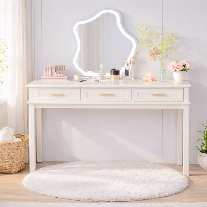 Cream White Vanity Desk with 3 Drawers, Modern Makeup Table or Writing Desk, Multipurpose Dressing Table for Bedroom, No Mirror Included