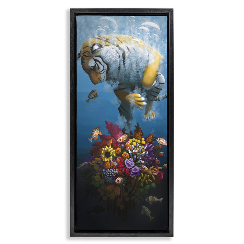 Cadre flottant Curious Tiger & Bouquet sous-marin, design par Heather, H 25 po x l 11 po, Cadre flottant noir de jais