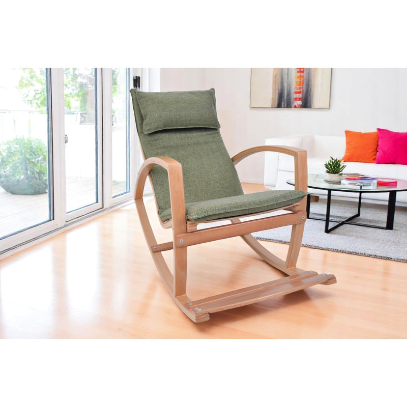 Chaise berçante contemporaine avec revêtement et coussin, idéale pour la lecture dans la chambre à coucher, avec un cadre en bois moderne et un dossier haut, confortable au lit