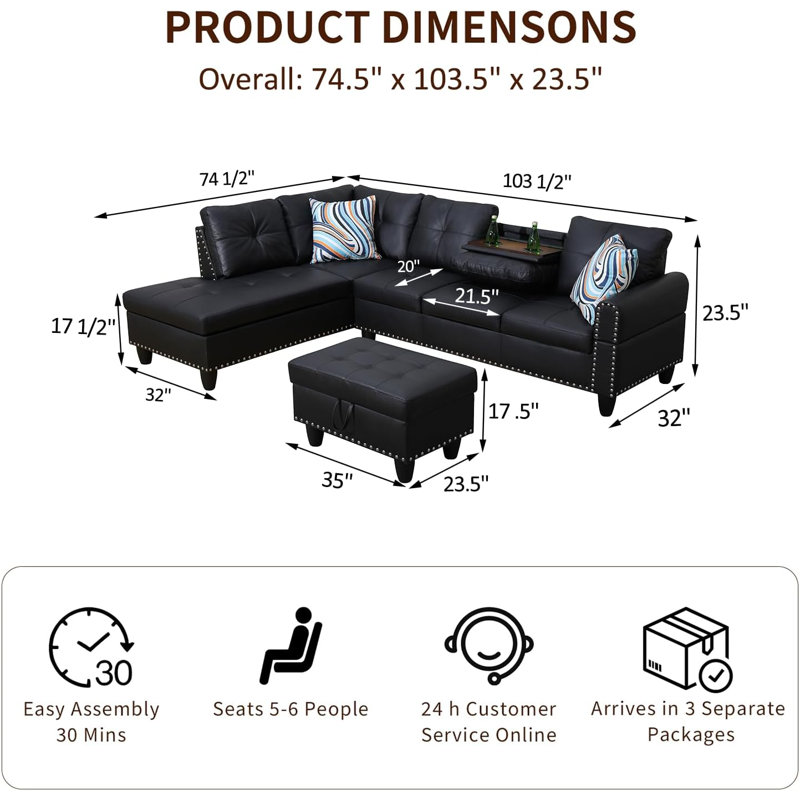 Ensemble de canapé de salon ectional, ensemble de salon moderne à 6 places avec méridienne, repose-pieds et 6 coussins | Canapé en L | Porte-gobelet | Similicuir synthétique, noir