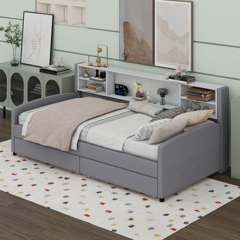 Twin Size Upholstered Platform Bed With Storage And Drawers, Grey
