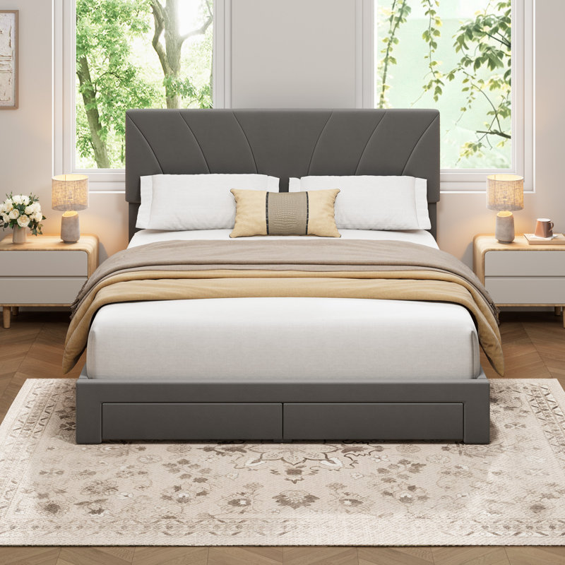 Structure de lit double tapissier pleine grandeur en velours avec tête de lit et 2 tiroirs de rangement sous le lit, conception à lattes en bois, aucune base supplémentaire requise, assemblage facile, gris