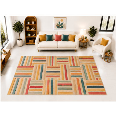 Tapis « ultra-fin » grand format (201 cm x 300 cm) à rayures patchwork linéaires, idéal pour le salon, la chambre ou la salle à manger. Tapis d'intérieur doux à poils courts, élément décoratif moderne pour le sol.