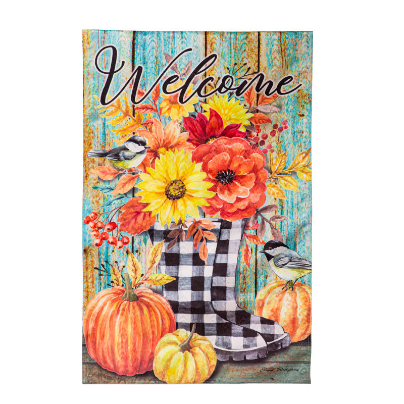Automne, bienvenue, bottes, moire, maison, drapeau