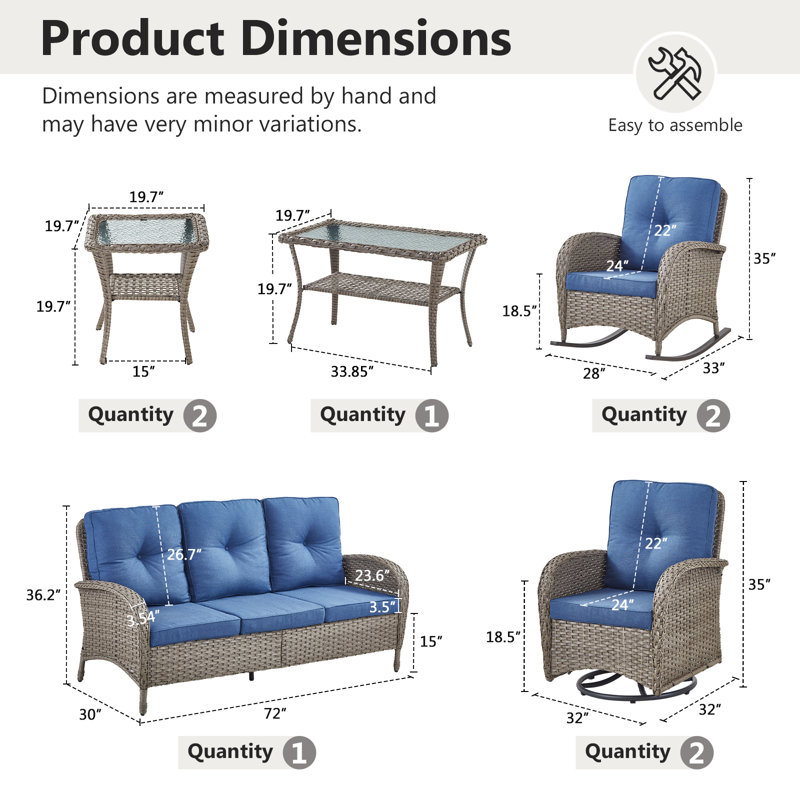 8- Pieces Outdoor Wicker Family Conversation Set With Rocking Chairs And Swivel Chairs, Blue, Gray