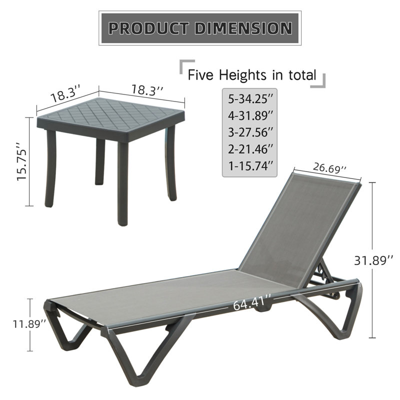 Ensemble de 3 chaises longues de patio, Gris, 2