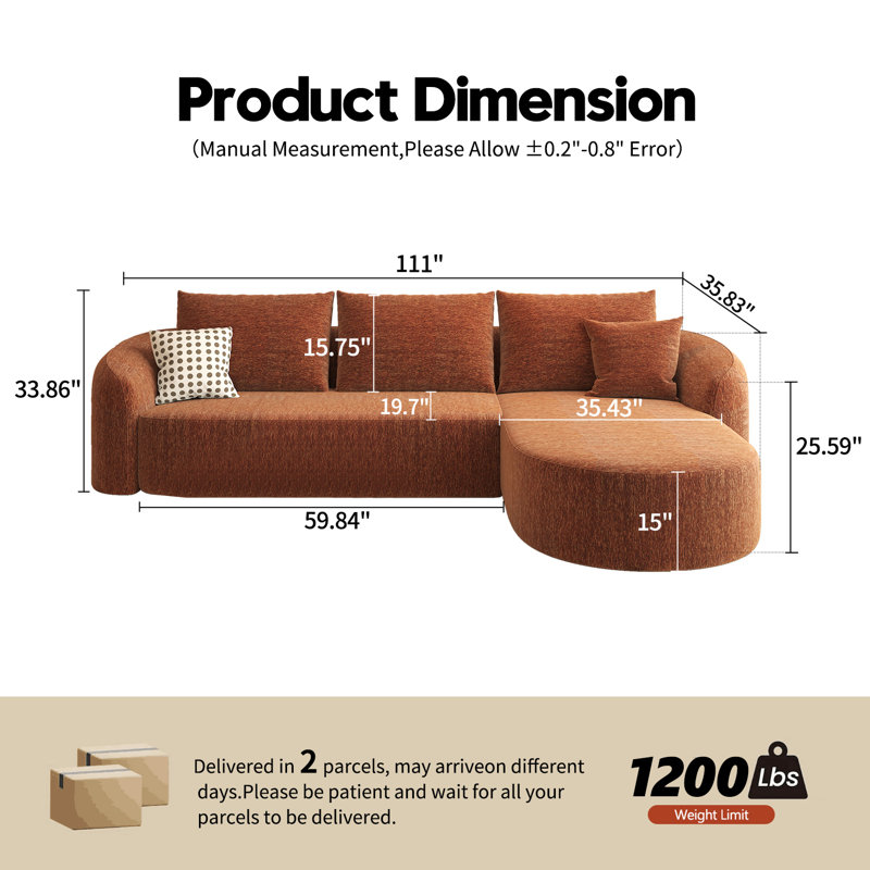 Canapé modulaire incurvé modulaire Boneless, Orienté à droite, H 33,86 po x l 111 po x P 72 po, Orange