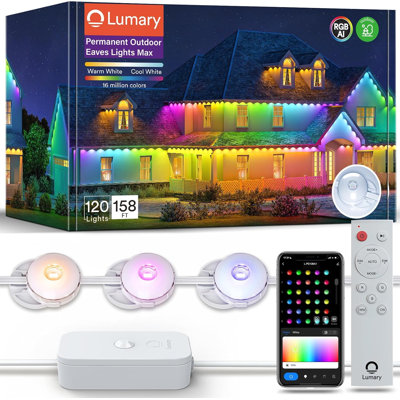 Lumary 158 ft Permanent Outdoor Lights with 120 LED Eave Lights RGBAICW 2400LM, IP67 Waterproof, IC Control and Scene Modes for Halloween Christmas Decoration, Works with Alexa and Google Assistant