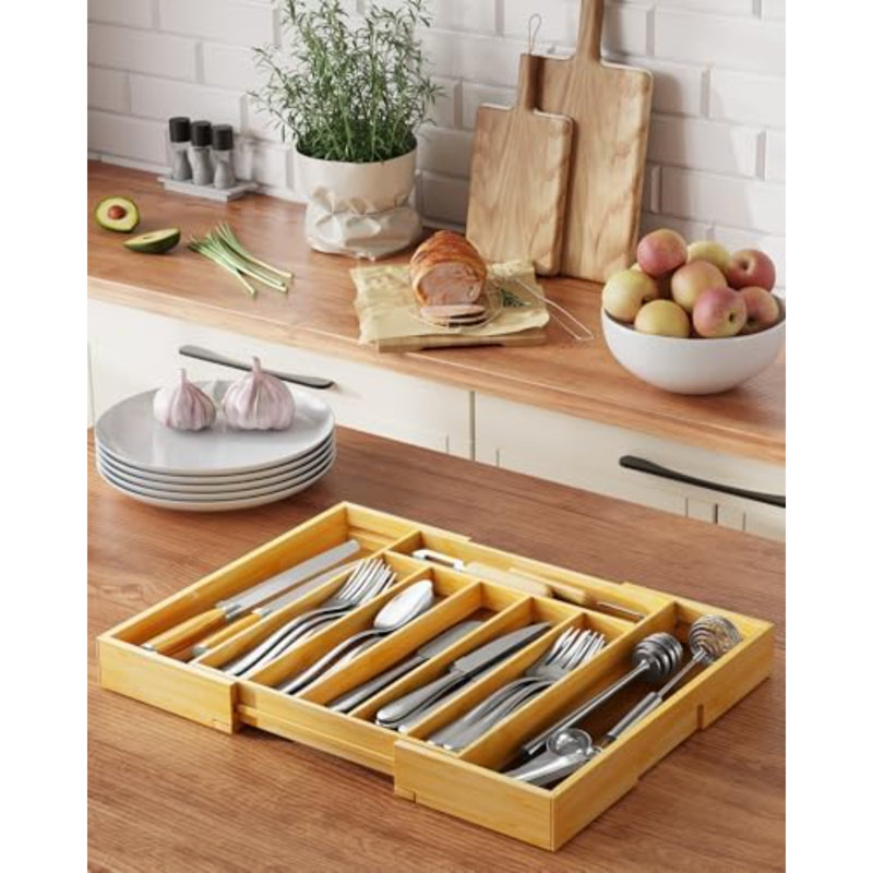 Grand organisateur de couverts en bambou - Organisateur de tiroir extensible pour ustensiles, couverts et couverts, solution de rangement de cuisine avec 6 à 8 fentes, naturel, 19,4 po x 13,1 po x 1,8 po