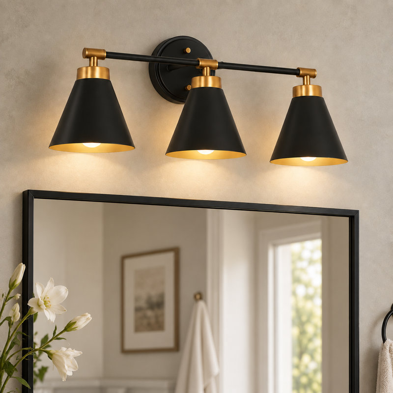 Luminaire de salle de bain 3 lumières à intensité variable avec abat-jour en laiton noir