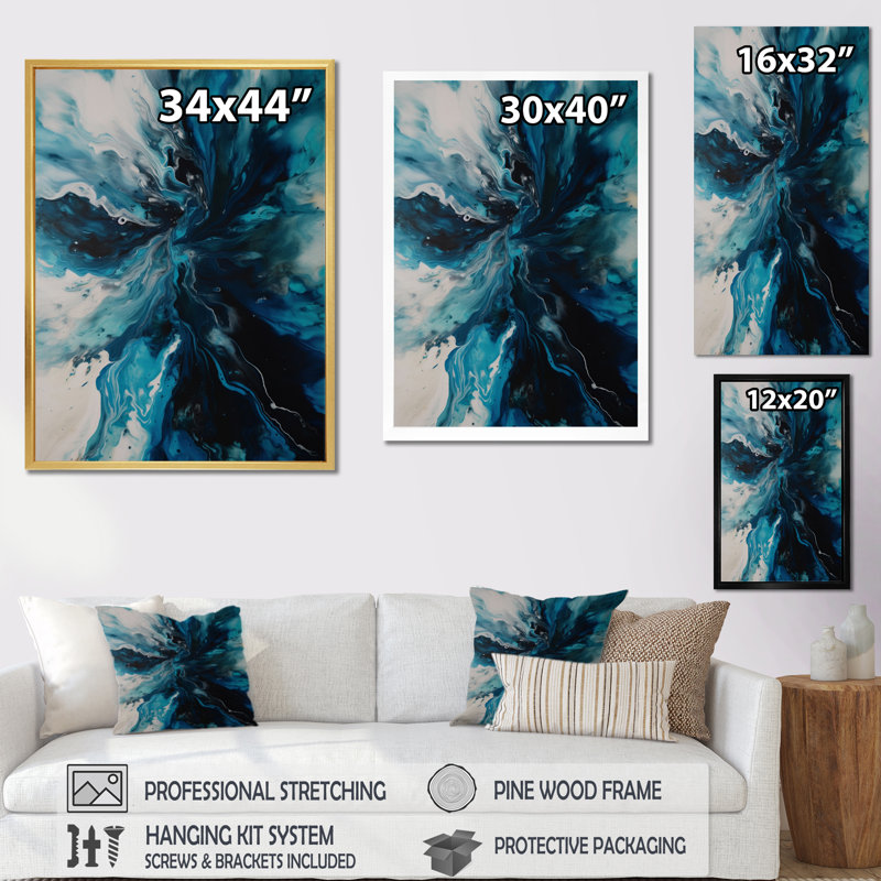Art sur toile abstrait bleu sarcelle et noir - fantaisie II, Toile tendue, H 40 po x l 30 po x P 1,5 po