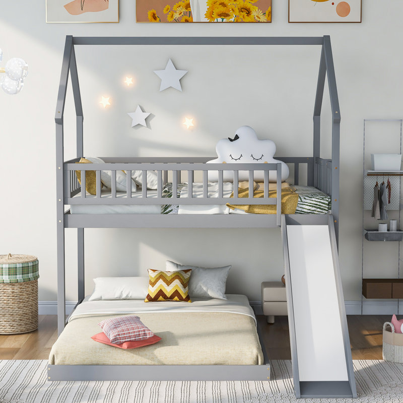 Gray Twin Over Full Bunk Bed With Slide & , Strong Construction, Full Guardrail, Made From Quality Pine And , No Box Spring For A Good Rest Gray, Comfortable Sleeping