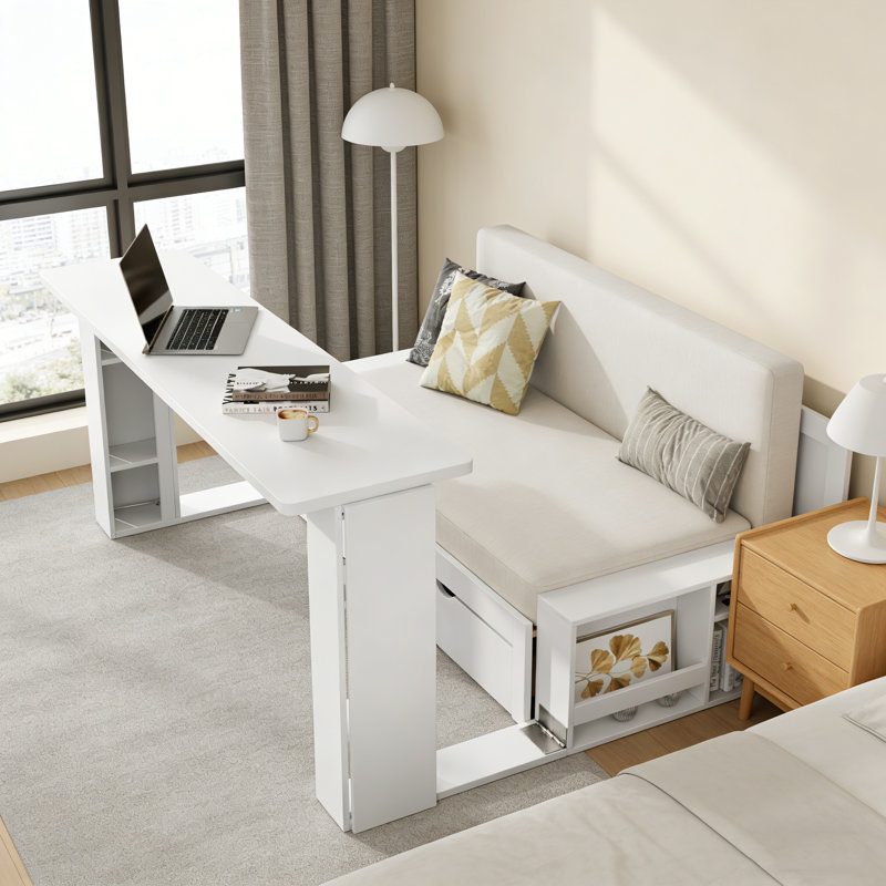 Grand lit de jour avec bureau amovible, Double , Blanc