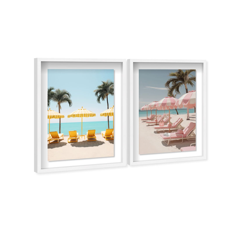Oliver Gal Beach Umbrella Set Coastal - Luxury Shadowbox Framed Wall Art, 37.5" H x 25.5" W, White