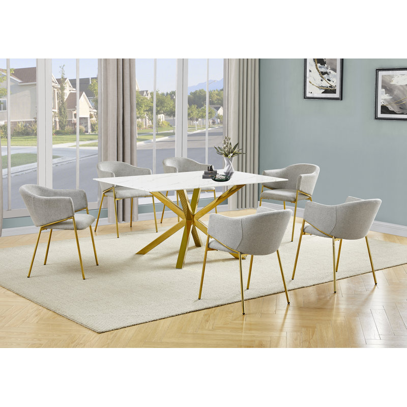 Rectangular Glass With Marble Wrap Dining Set With Linen Chairs, 7, Gray/Gold