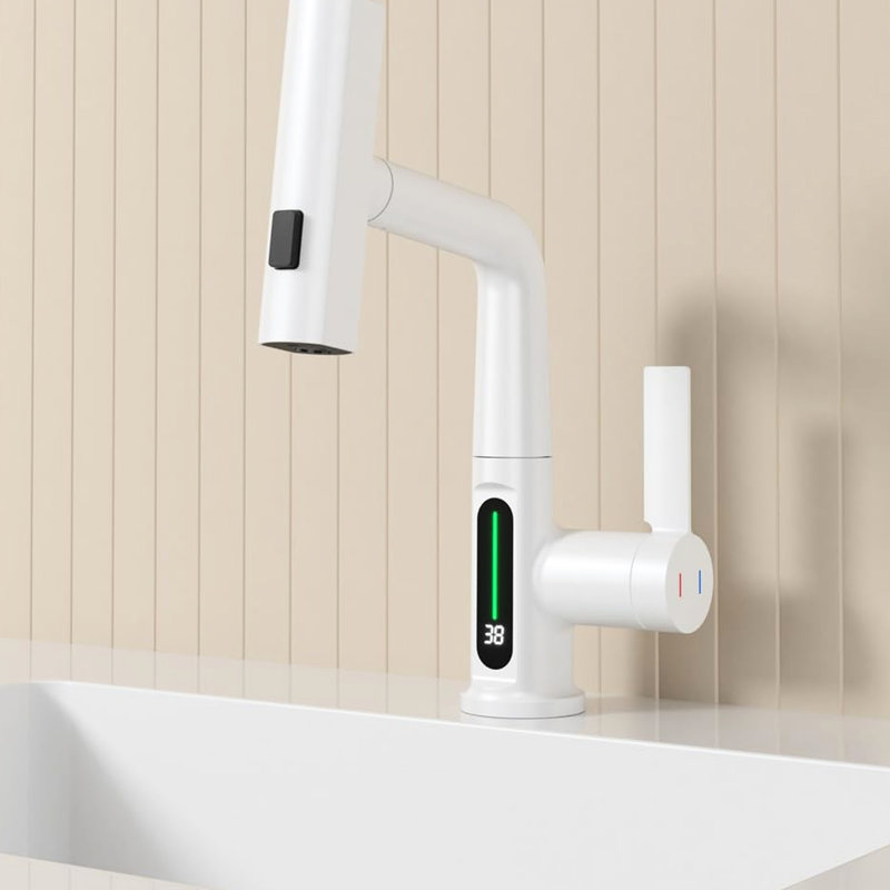 Robinet de lavabo escamotable blanc avec indicateur de température à DEL - rotatif à 360 °, 31 modes de bec, réglable en hauteur, lavabo, rotatif, à hauteur, robinet