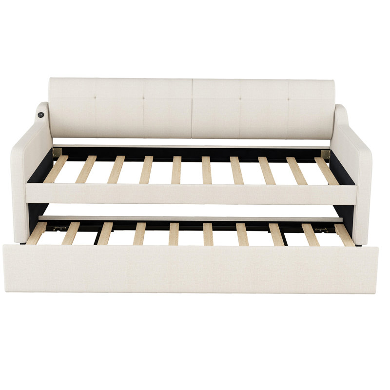 Lit de jour rembourré beige avec lit gigogne portatif et fonction de chargement simple - doux