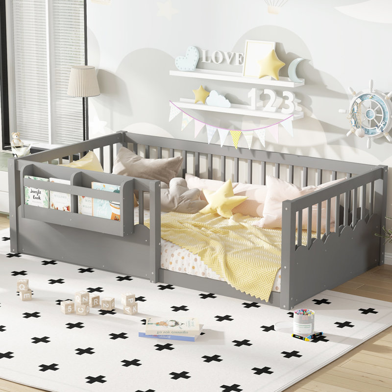 Taquile Kids Wood Floor Bed with Fence & Built-In Bookshelf, Gray, Twin