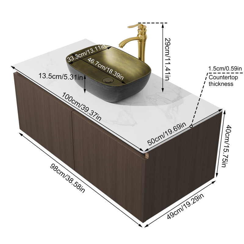 Ronique 100Cm Wall Mounted Single Bathroom Vanity Sink with Ceramic Basin, Faucet and Hoses