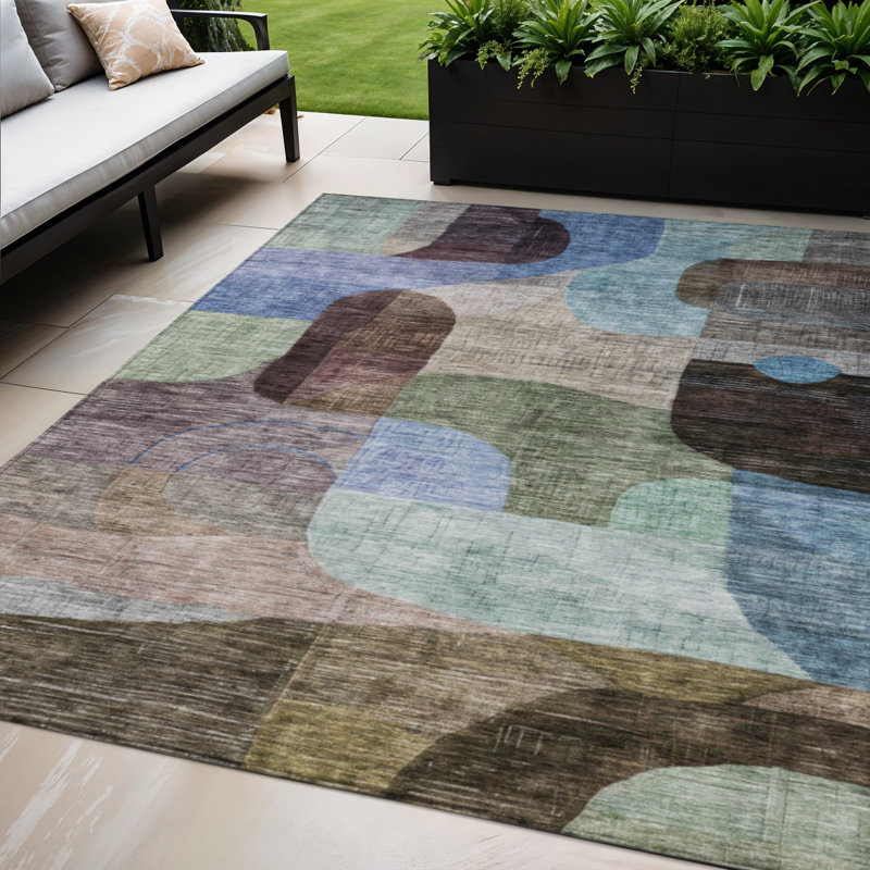 Tapis d'extérieur lavable abstrait bleu, bleu et vert 5 pi x 8 pi