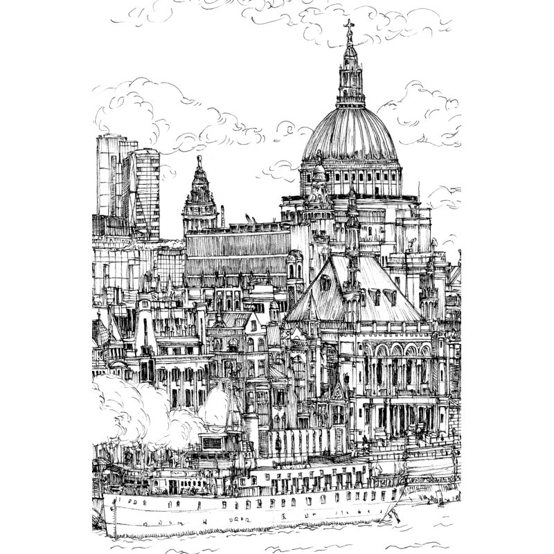 City Scene X - Drawing, 30cm H x 20cm W, Wrapped Canvas