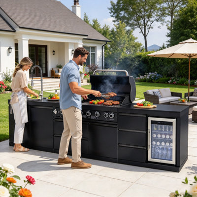 Îlot de cuisine extérieure de 114 po avec barbecue au propane à 6 brûleurs – 83 500 BTU, acier inoxydable 304, évier et réfrigérateur, noir, certifié CSA/ETL