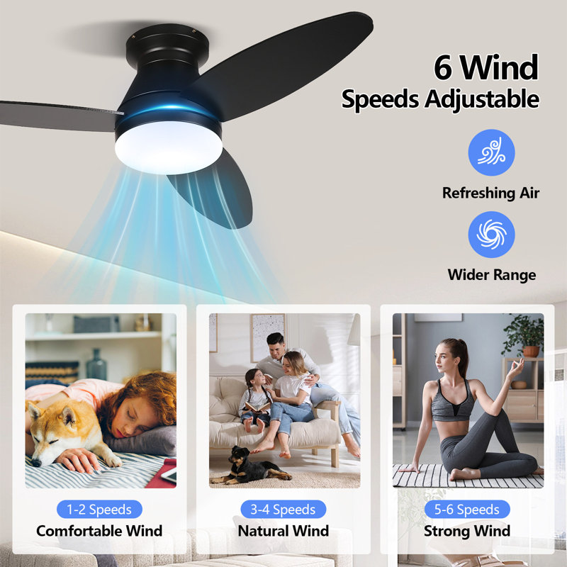  Flush Mount Ceiling Fans with Lights 42 Inch, 3 Blade LED Low Profile Ceiling Fans with Remote for Bedroom Living Room Patio, Dimmable, 3CCT, Quiet Reversible DC Motor, Black