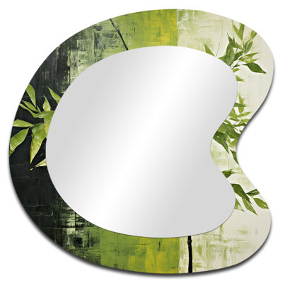 Green Ferm Simple Collage II - Leaves Unique Shape Unique Wall Mirror, Traditional Asymmetrical Mirror, Printed Metal Art