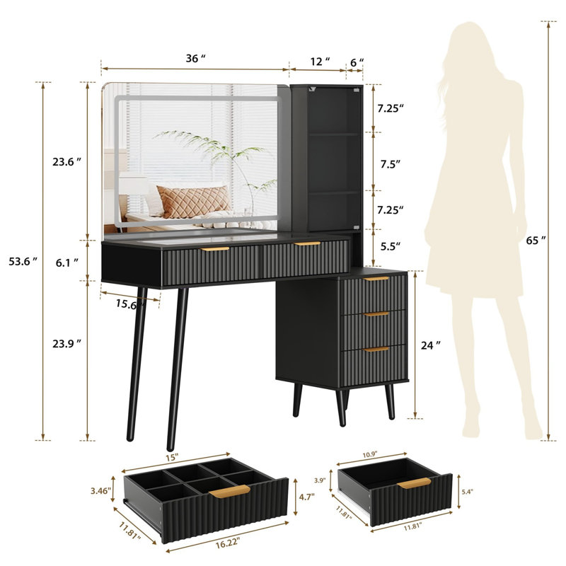 48" Fluted Makeup Vanity Desk with Mirror and Lights, Modern Makeup Table with 36" Lighted Mirror, 3 Color Modes, Vanity Desk with 5 Drawers, Open Shelf, Built-in Outlet, Glass Top Dressing Table