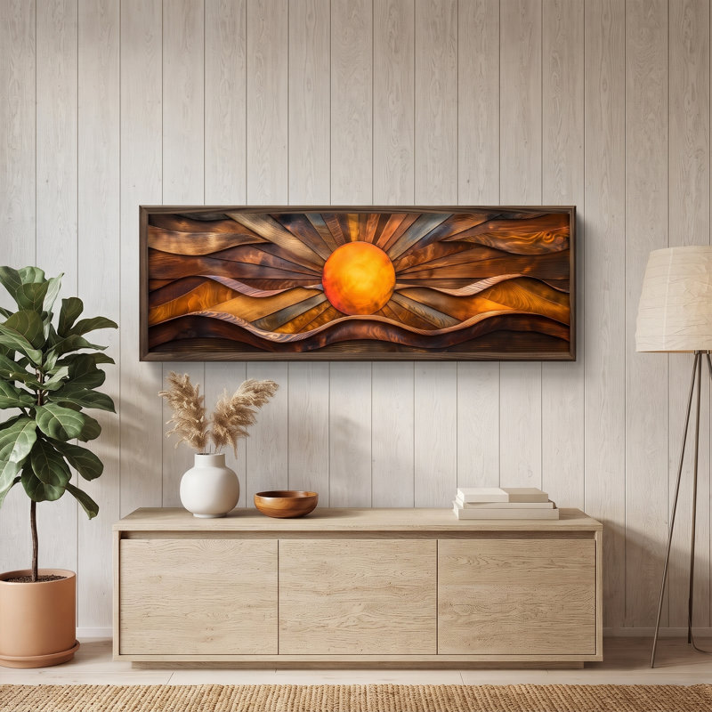 Tableau en relief en bois encadré « Horizon doré rayonnant »
