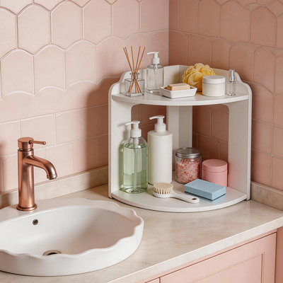Étagère de coin à 2 niveaux pour organisateur de comptoir, étagère de coin pour rangement de meuble-lavabo en PVC blanc pour les soins de la peau, les cosmétiques et les parfums