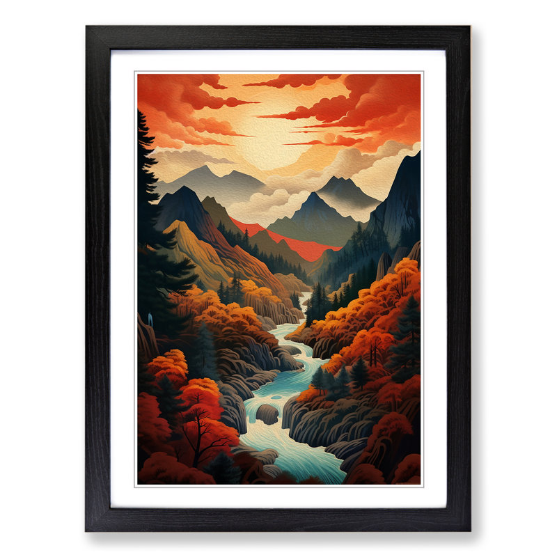 Japanese Mountains Futurism No.3 - Single Picture Frame Print on Wood, 46cm H x 34cm W x 2cm D, Black
