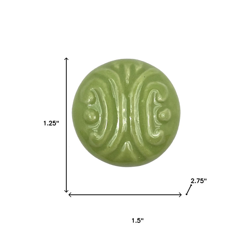 Set of Six Green Embossed Ceramic Drawer Pull Knobs