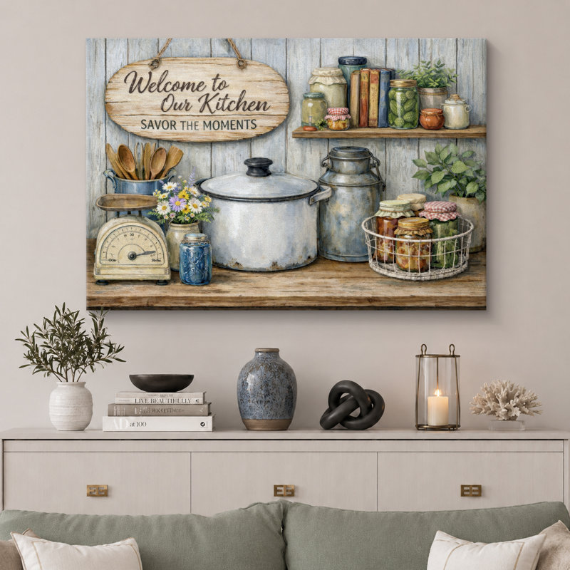 «Welcome To Our Kitchen Rustic Farmhouse», impression sur toile, impression sur toile encadrée, H 24 po x l 36 po x P 1,5 po
