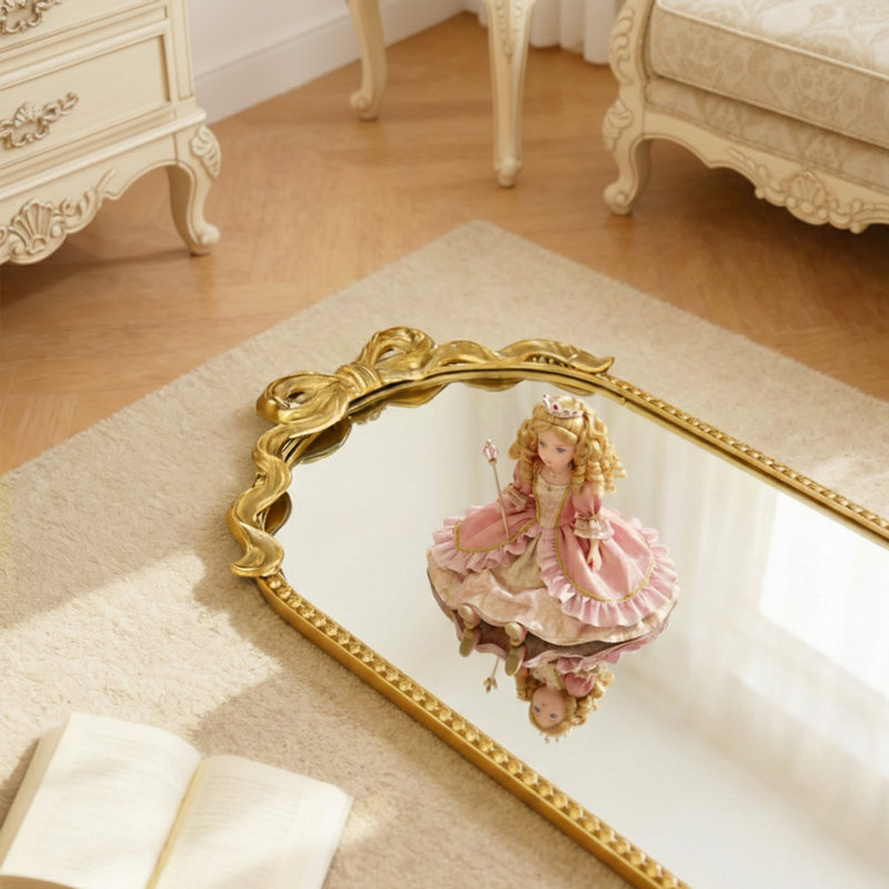 Antique Gold Baroque Arched Full Length Floor Mirror with Bow Accent (61" x 22"), 61" x 22"
