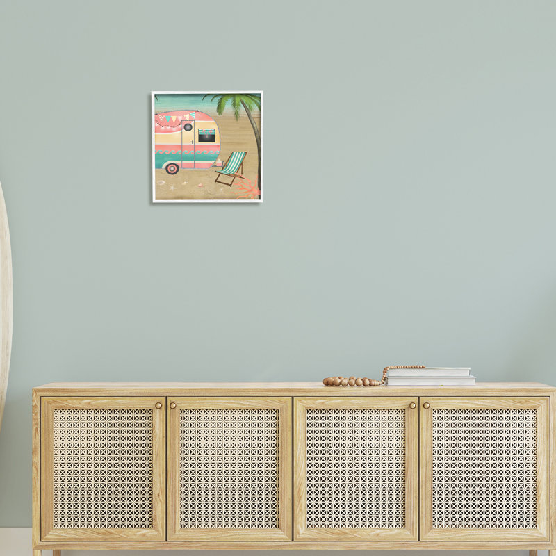 Été, caravane, étoile de mer, H 17 po x l 17 po x P 1,5 po, Giclée encadrée blanc bord de mer