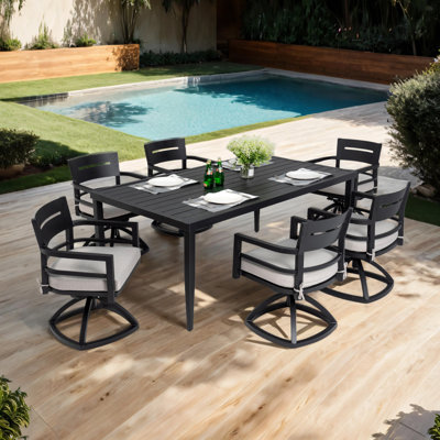 7-Piece Outdoor Patio Aluminum Furniture, Modern Dining Set, Including 6 Swivel Rockers Sunbrella Fabric Cushioned And Rectangle Dining Table With Umbrella Hole, Ember Black