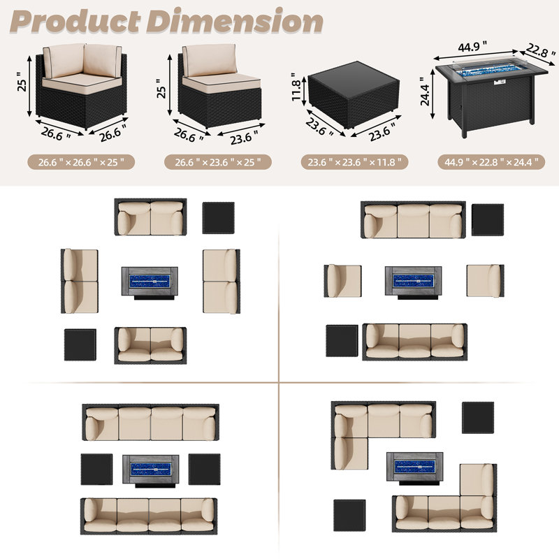  11-Piece Outdoor Patio Set with Propane Fire Pit Table, Khaki, Black