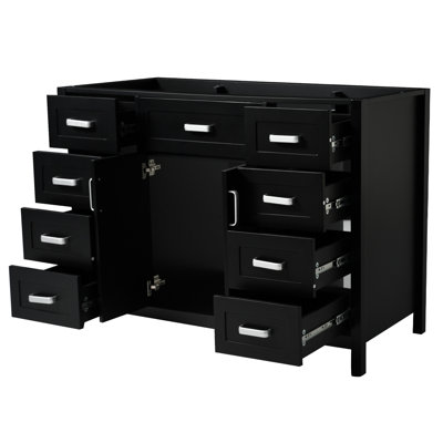 Meuble-lavabo de 47 po seulement, 2 portes à fermeture douce, 8 tiroirs, conception classique, finition noire et pin, poignées en aluminium, support réglable pour les surfaces inégales