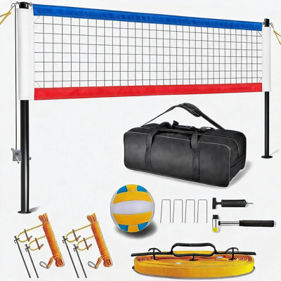 Outdoor Volleyball Net Set with Anti-Sag Winch Tension System – 32 FT Complete Court Set with Steel Poles, Boundary Lines, Rackets & Shuttlecocks or Volleyball, Black & Green