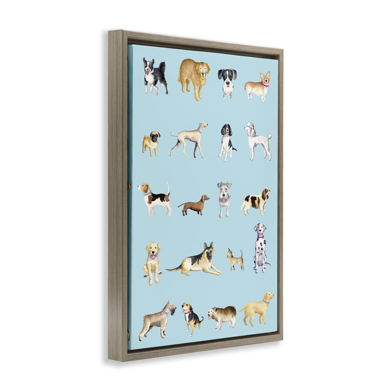 Races de chiens sur cadre flottant bleu, design par Andi Metz, H 31 po x l 21 po, Cadre flottant orme Montalcino