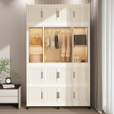 Organisateur de rangement portatif pour garde-robe pour vêtements, commode, 17 portes magnétiques - 17 cubes et 1 tringle, 6 cintres, armoire de rangement pour garde-robe pour bébé, blanc