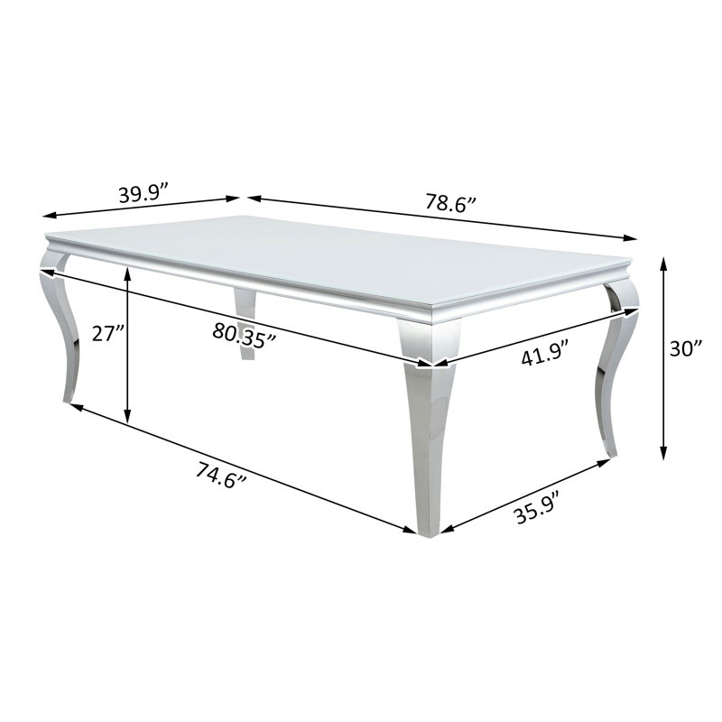 Keshaun Rectangular Dining Table with Glass Top, Silver, 41.9" W x 80.35" L