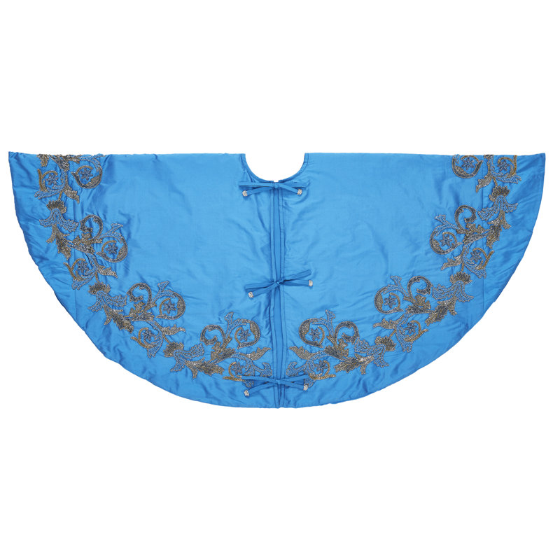 Imperial Blue Hand Beaded Christmas Tree Skirt on Blue Silk, 60"