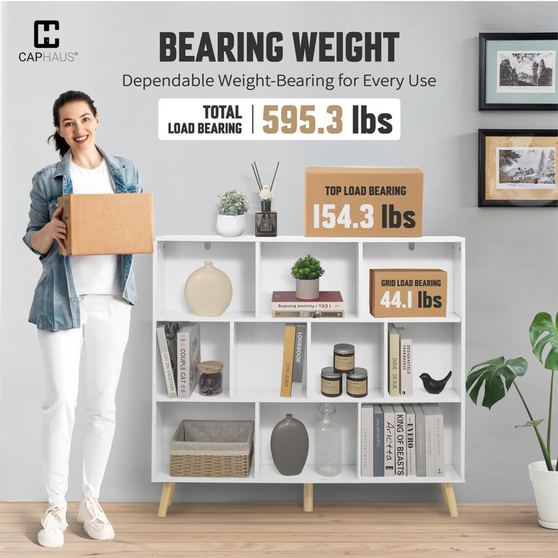 48-Inch Wide 10 Cube 3 Tier Wooden Bookshelf for Living Room, Bedroom, Office, White, White